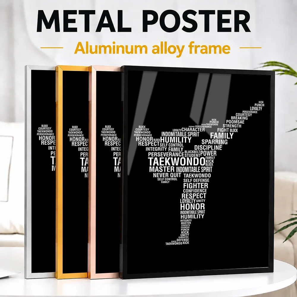 Taekwondo Typography Silhouette Framed Metal Print Customized Photo Bold Shadow Style Wall Art For Man Cave Memorable Fan Gift