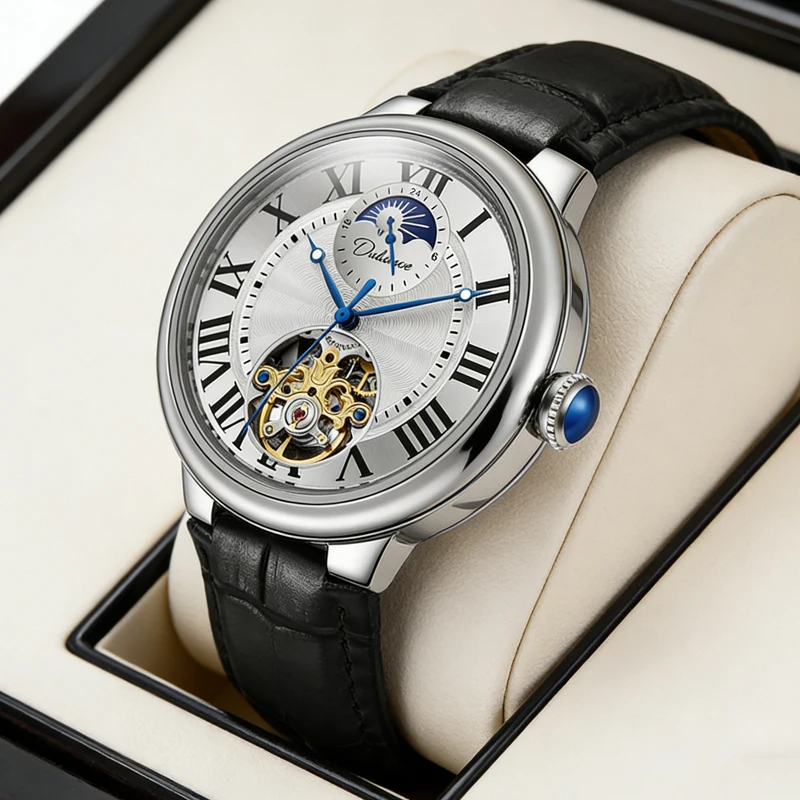 

Мужские часы Rome Time Tourbillon с кожаным ремешком, автоматические механические часы класса люкс с фазами Луны, водонепроницаемые, Montre Homme