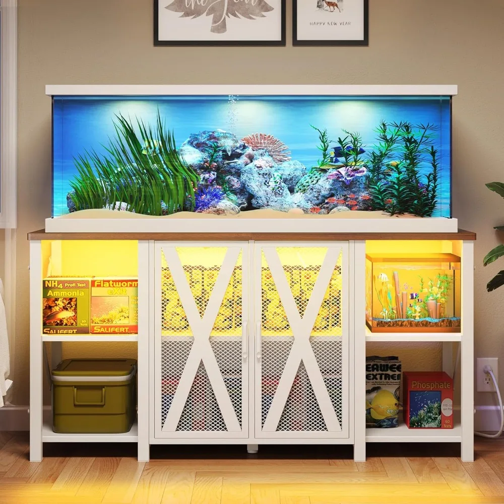 Fish Tanks Aquariums Aquarium Rack with Power Socket and LED Light, Accessory Storage Cabinet - Heavy-duty Metal Fish Tank Rack