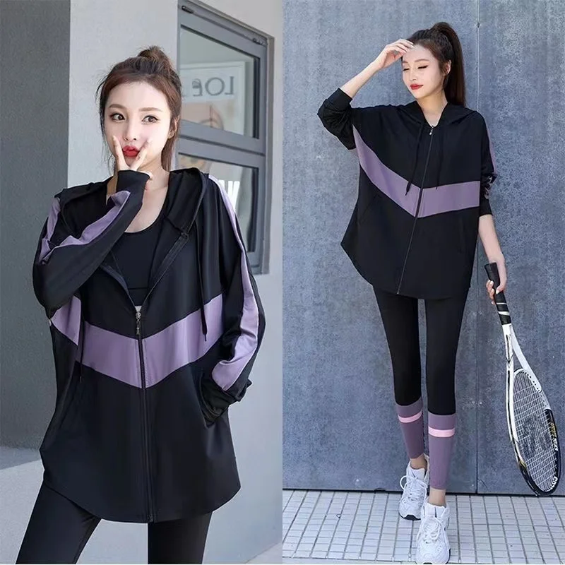 

Spring Fitn Casual Women's Outfit Loose plus Size Cover up Two Piece Set Long Sve Hoodie Cardigan Polyester Fiber