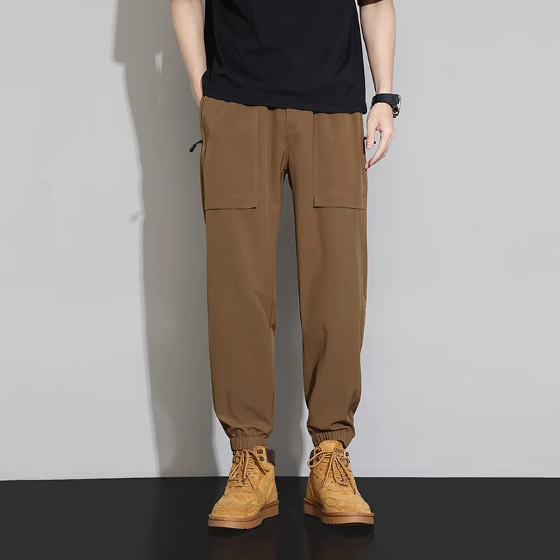 

New Spring and Summer Men's Solid High WaistElastic Loose Plus Size Cargo Pants Pockets Sports Fashion Casual Commuter Trousers