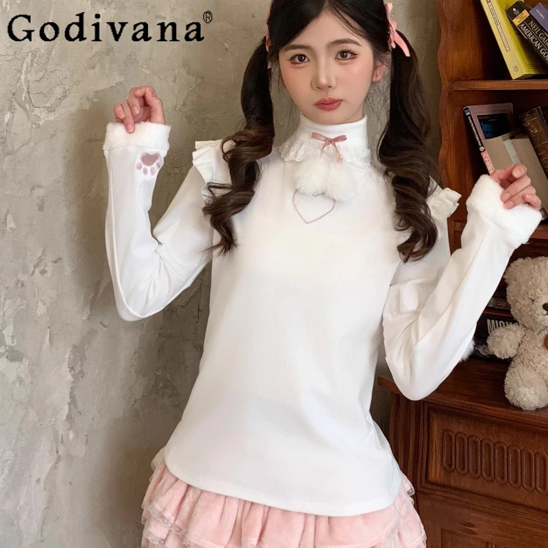 

Lolita Inner Wear Sweet Top for Women White High Neck Long Sleeve Base Shirt Female Spring Autumn Winter Lolita Slim Blouse