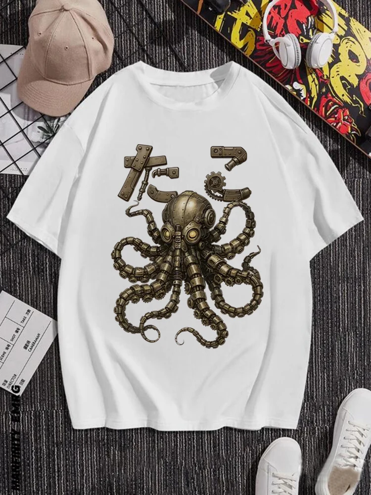 

Octopus Print Pattern Cartoon Harajuku Summer White Top T-Shirt Casual Short Sleeved Clothing O-Neck Regular Cute Fun T-Shirt