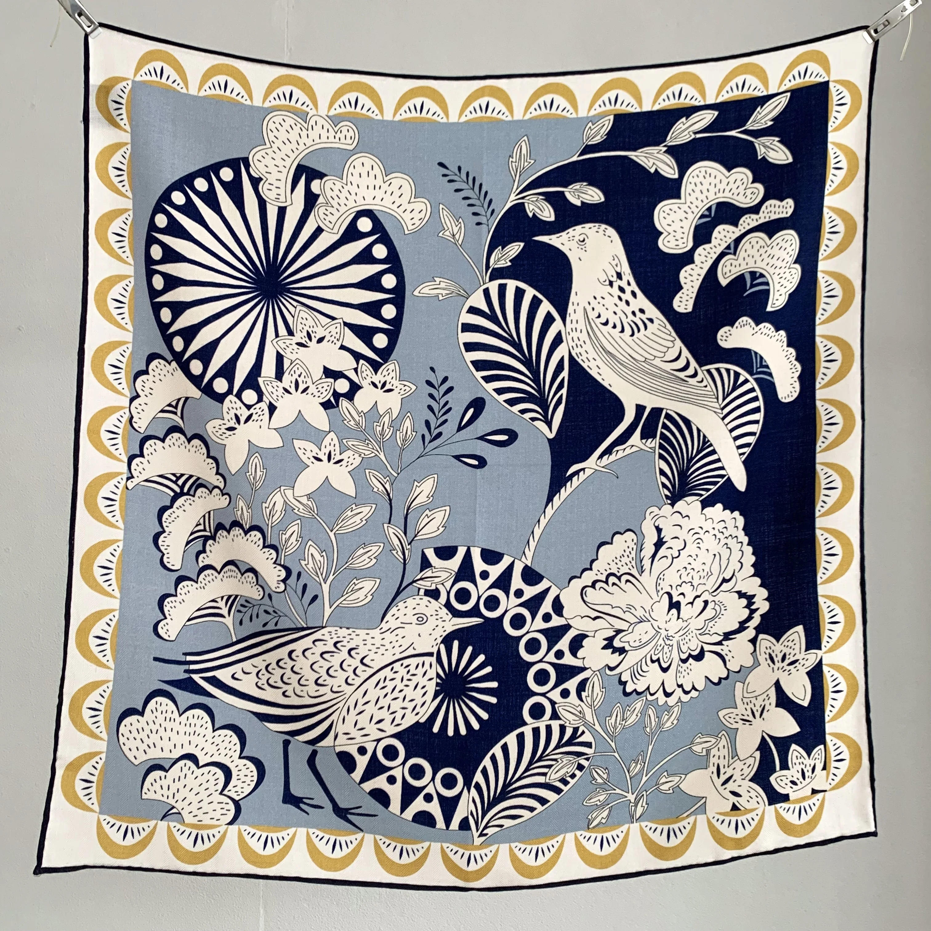 

30% silk 70% wool scarf for women, 65*65 cm. Retro floral and bird pattern scarf. Essential for elegance. Handmade rolled edges.