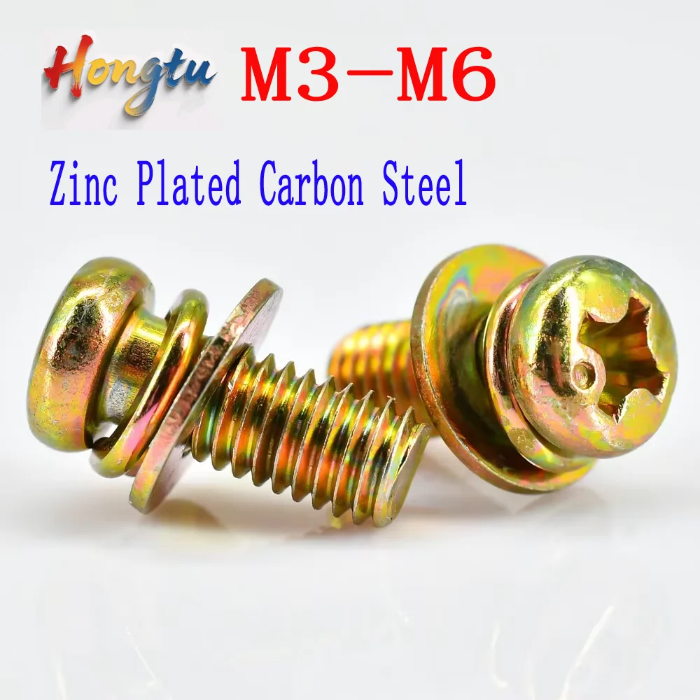 

3-Combination Fastener: Phillips Round Head Screw, Color Zinc Plated Carbon Steel, with Washer & Spring Washer