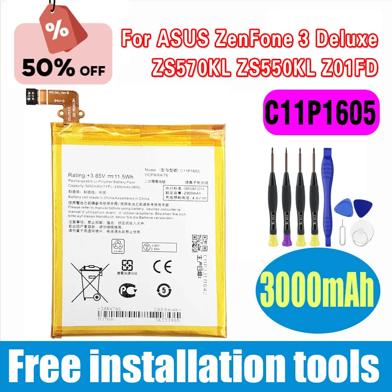 C11P1605 3000mAh Battery for ASUS ZenFone 3 Deluxe ZS570KL ZS550KL Z01FD Mobile Batteries +  Tools