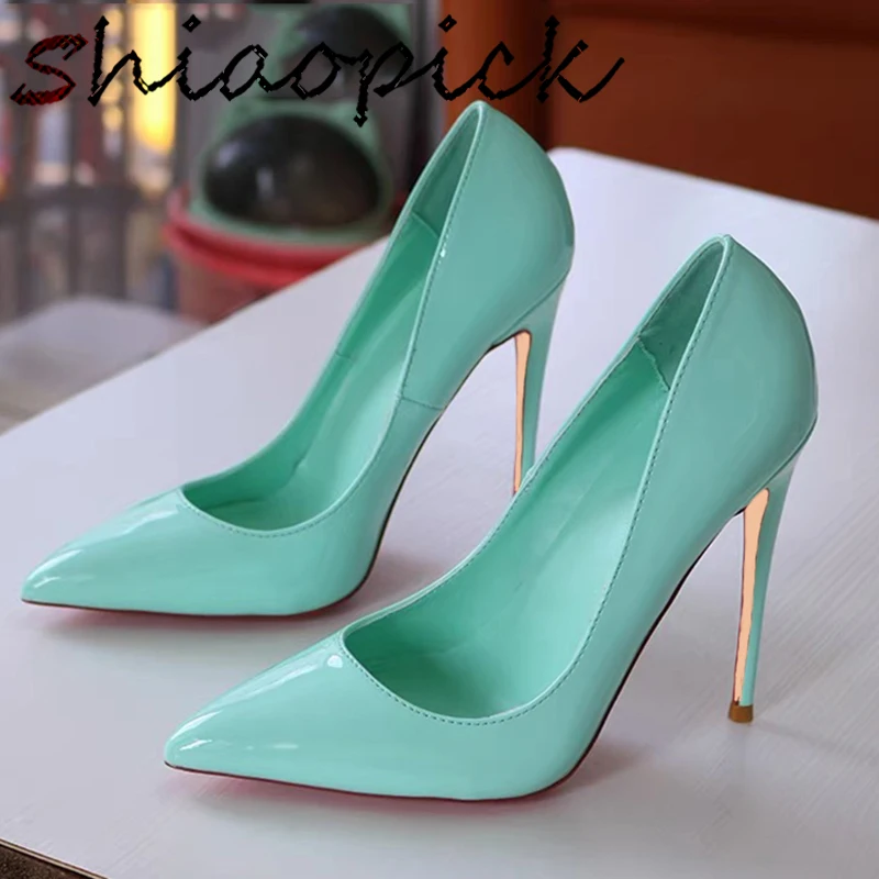 

Большой размер 45 46, элегантные женские шикарные туфли-лодочки на очень высоком каблуке 12 см, светло-голубые туфли на шпильке, блестящие лакированные туфли с острым носком