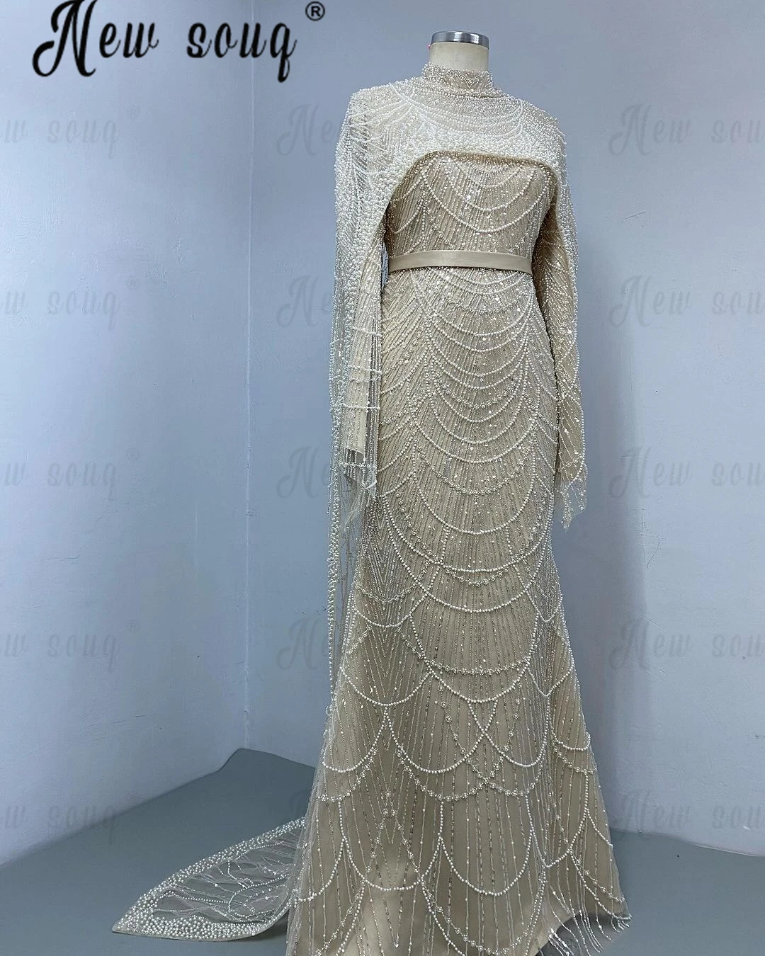 Robe de soirée longue ligne A pour femme, robes de Rhde fiançailles, tenue de fête de mariage, arabe, musulman, nu, luxe, cape, Dubaï, 2 pièces