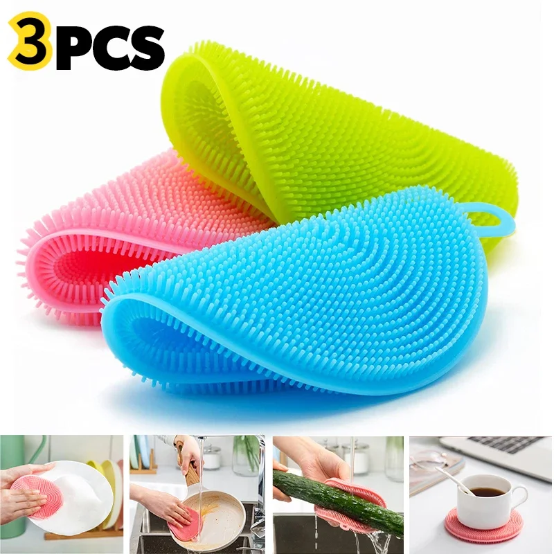 3Pcs Kitchen Cleaning Brush Silicone Dishwashing Brush Fruit Vegetable Cleaning Brushes Pot Pan Sponge Scouring Pads Table Mat