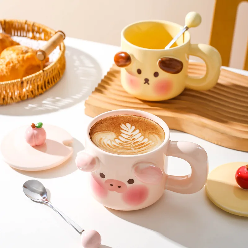 450ml Cartoon Pig Mug Coffee Cup Set with Spoon Ceramic Gift Home Mugs 3D Water Cups Lovers Milk Large Capacity Breakfast Mug