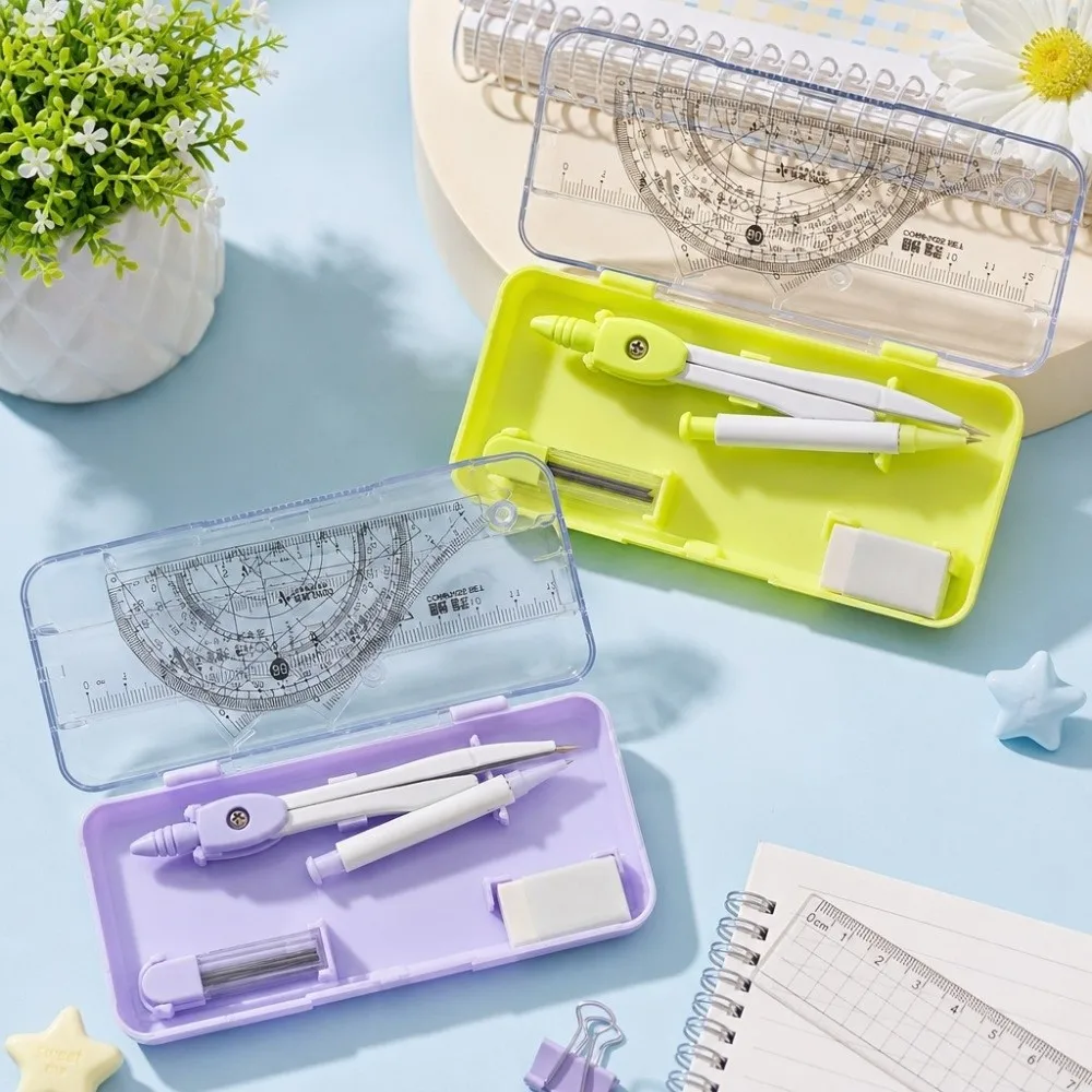 2/7pcs Portable Tulip Student Compass Set Clear Scale Measuring Rulers Portable Math Drawing Tool Geometry Compass Ruler Gift