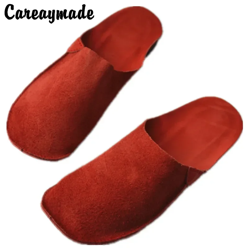 Careaymade-Woman Slippers Genuine Leather Ladies Casual Flat Shoes pure handmade man Cow Suede Summer&winter warm big size 35-45