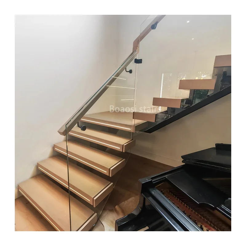 custom.Single Stringer Floating Staircase Residential Indoor Use Solid Wood and Steel Material with Tread Hotels