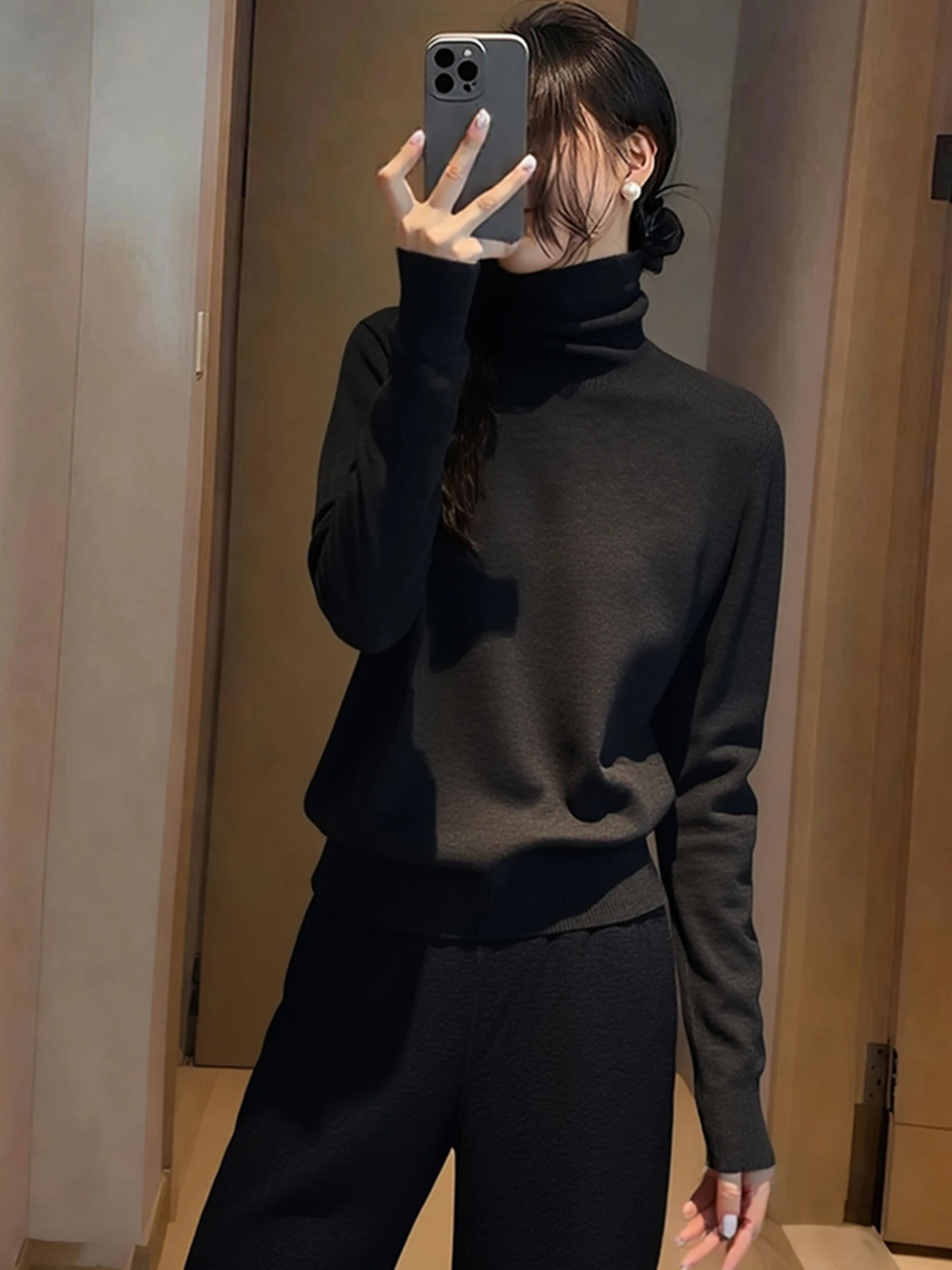 

Winter Pure Color Casual Knitted High Collar Long Sve Base irt Sli Leisure Pullover for Women Korean Sle Loose Fit