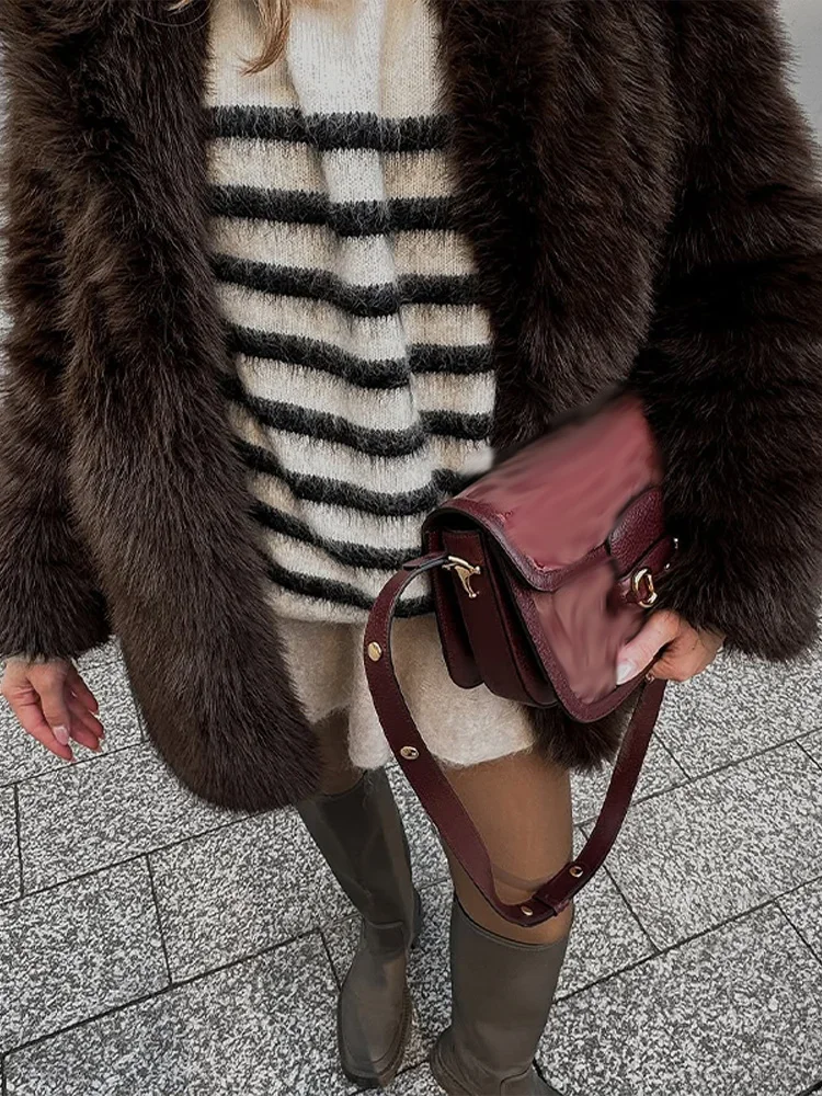 Fashion Warm Thick Faux Fur Women Coat Vintage Luxury Lapel Long Sleeves Belt Pockets Solid Overcoat Autumn Winter New Jacket