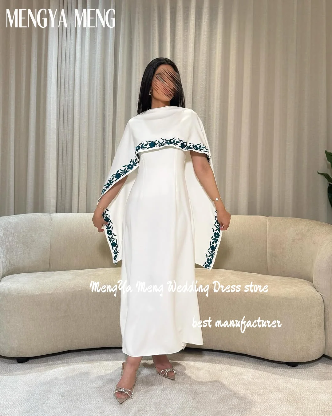 2025 Arabic Dubai Elegant White Cape Evening Party Dresses Embriodery Silk Satin Special Occasion Dress Prom Gowns Customized