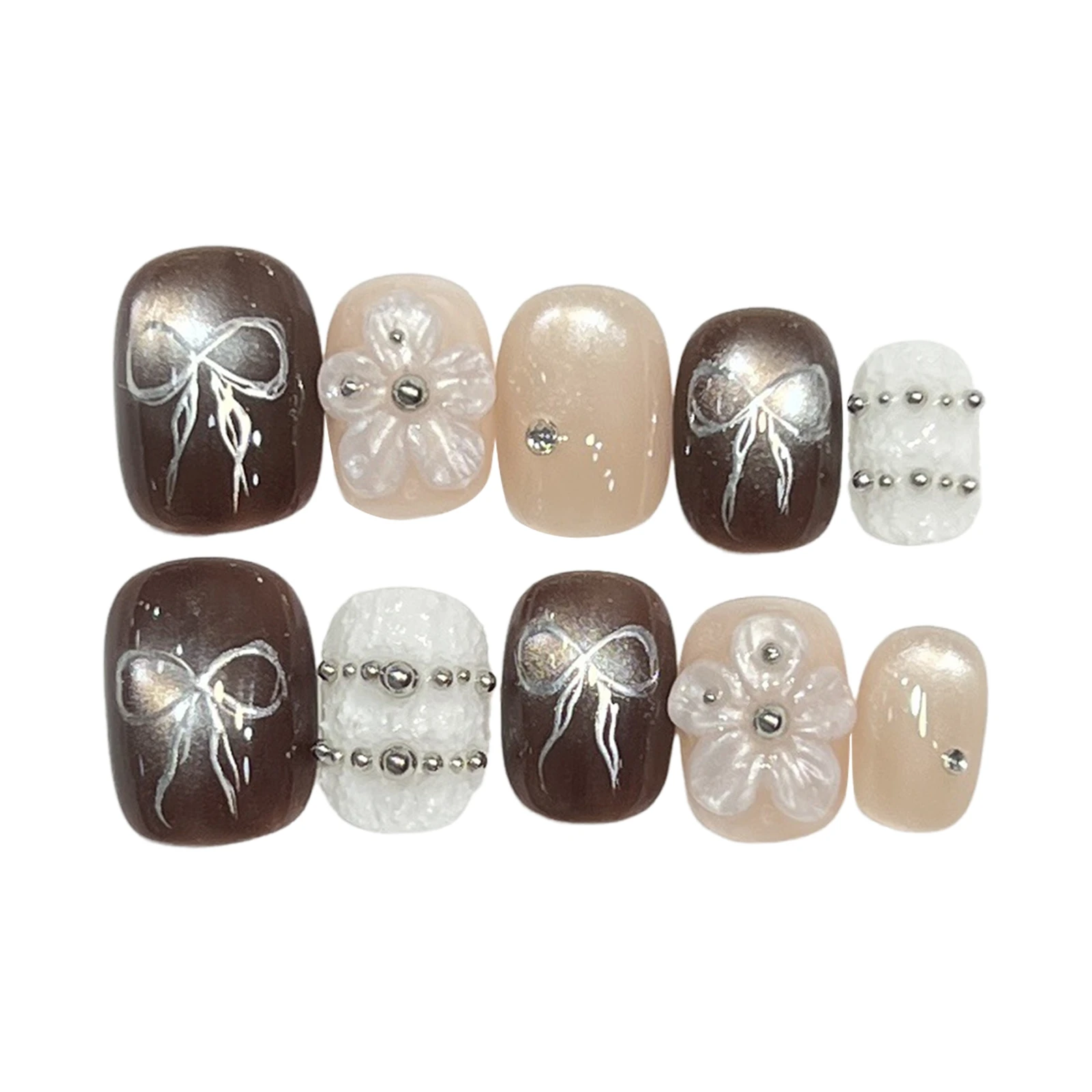 Resin Press On Nails for Daily Wear Women Brown Cat-Eye Bow Carved Short Square Round False Nails 10pcs Set Elegant