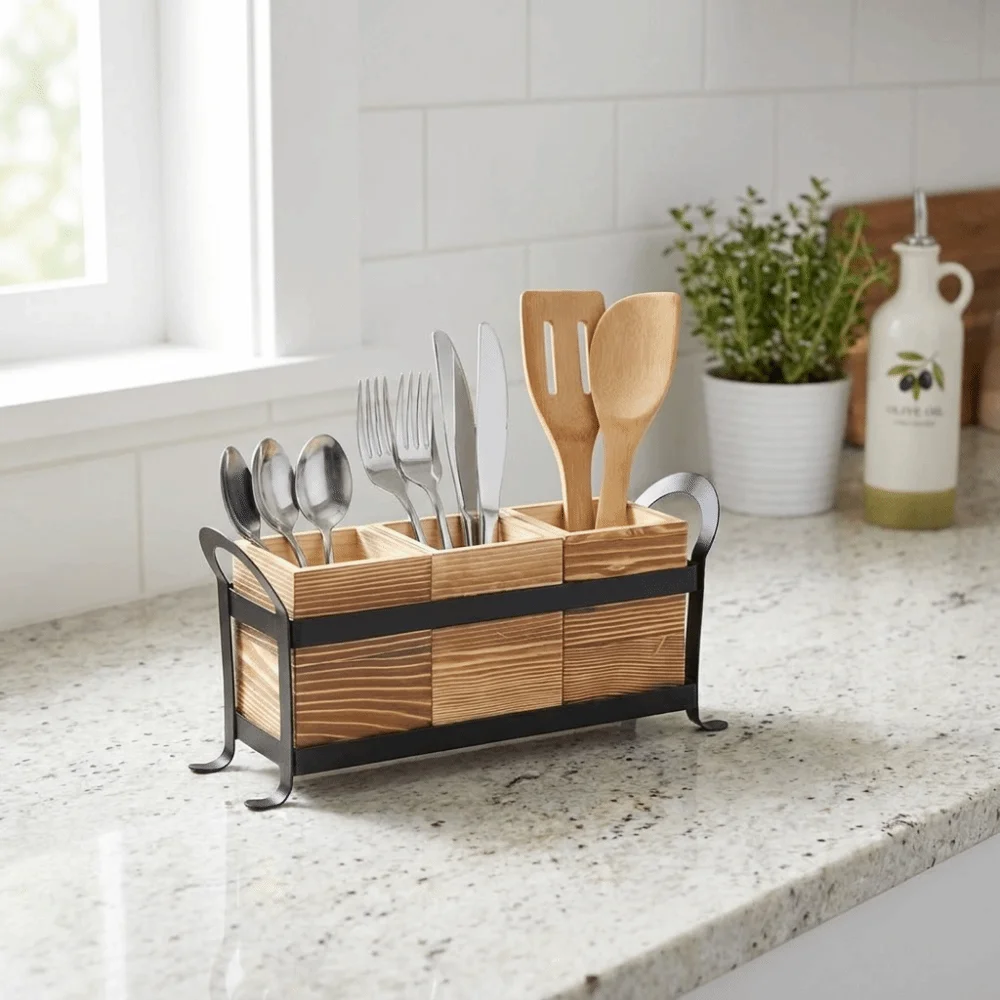 Wooden 3 Compartment Cutlery Holder Large Capacity Space Saving Spoons Forks Storage Box with Handle Utensil Holder for Kitchen