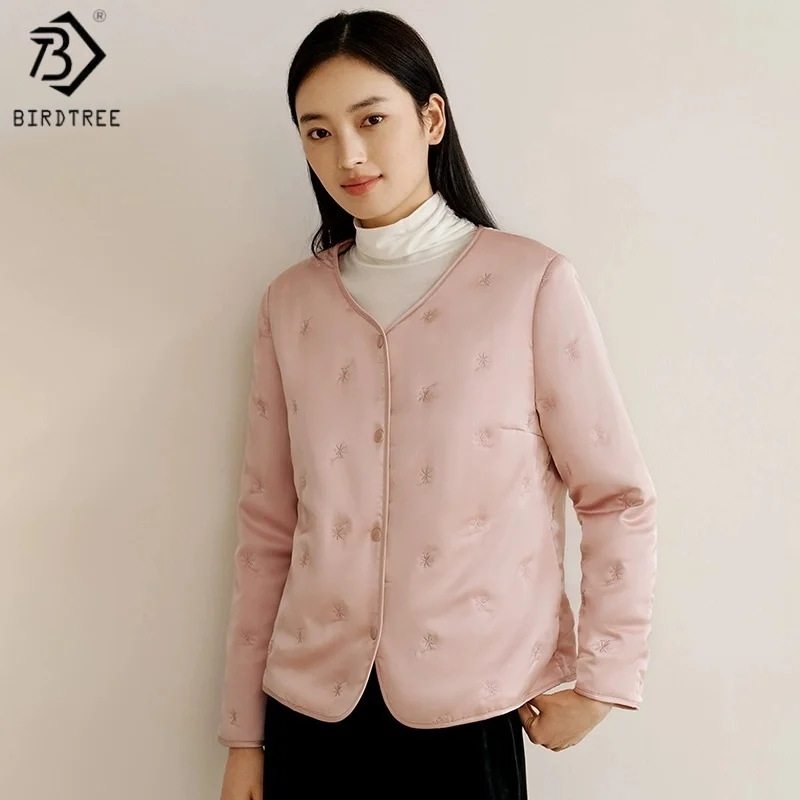 Birdtree Filling 100%  Silk Warmth Jacket,Women's O-neck Full Sleeve Commuting Cardigan,2025 Winter New Coat T5O102JF