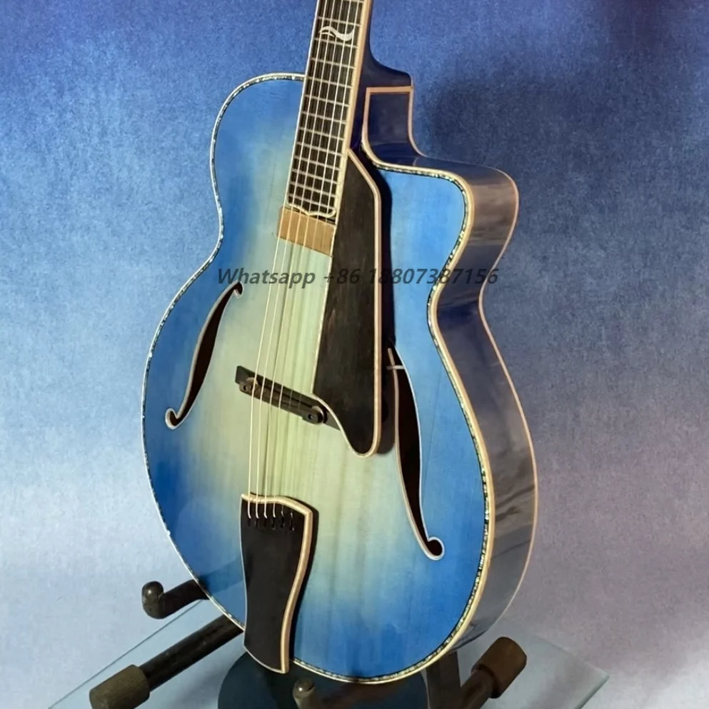 Handcrafted Blue Nitrocellulose Lacquer Glossy Finish Archtop Jazz Guitar Ebony Fingerboard Hollow Body Carved Maple Yunzhi