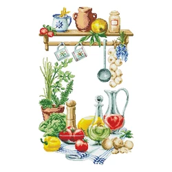 Amishop Counted Cross Stitch Kit, Kitchen Tools, Embroidery Kit, Vegetables and Potted Plants, Durable Materials, Needlework