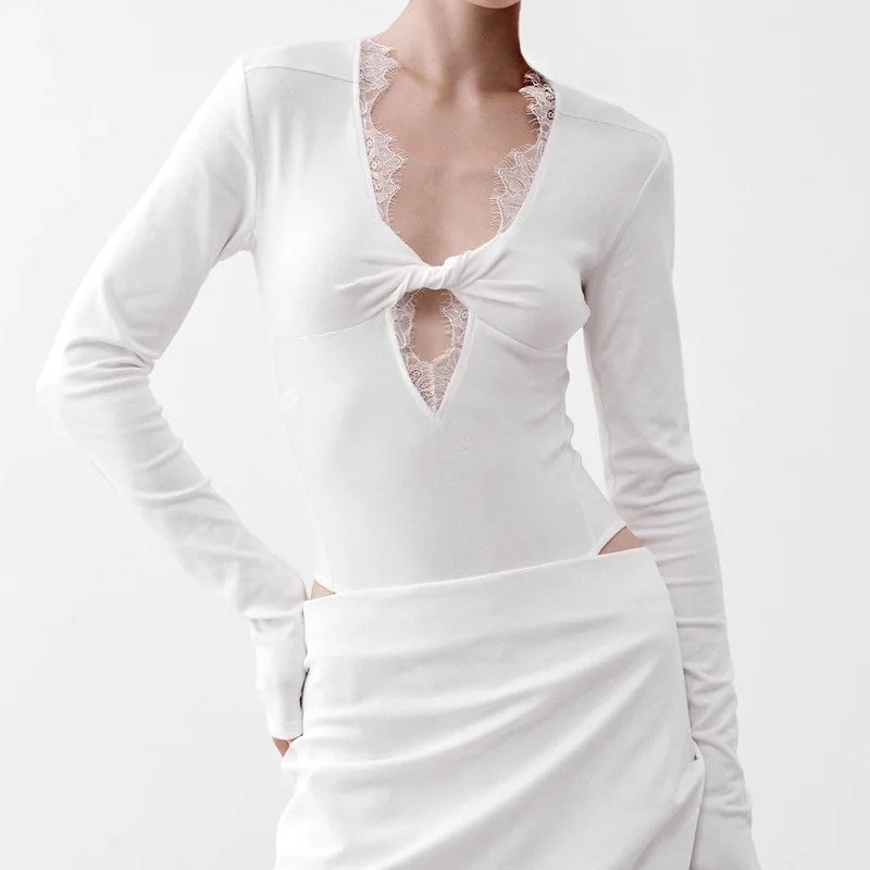 

Women's Deep V Neck Twist Bust Bodysuit With Lace Detail