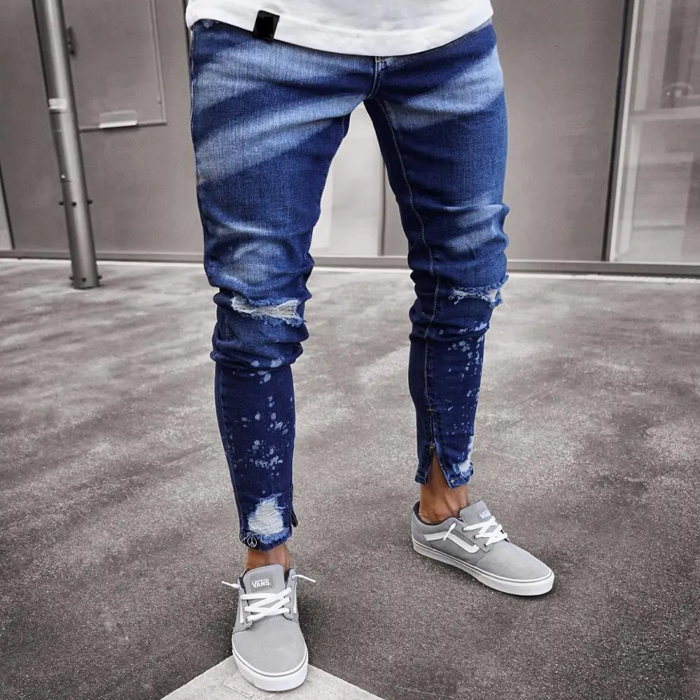 

Mens Hole Skinny Jeans Fashion Washed Striped Ripped Slim Denim Pants For Men 2024 New Male Hip Hop Zipper Foot Jean Trousers