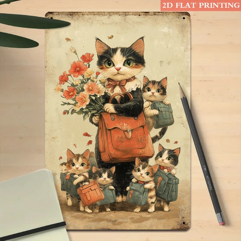 Metallschild „Vintage Cat Family Bouquet“ aus Eisen, 20,3 x 30,5 cm, Retro-Wanddekoration, Blechschild für Schlafzimmer, Veranda