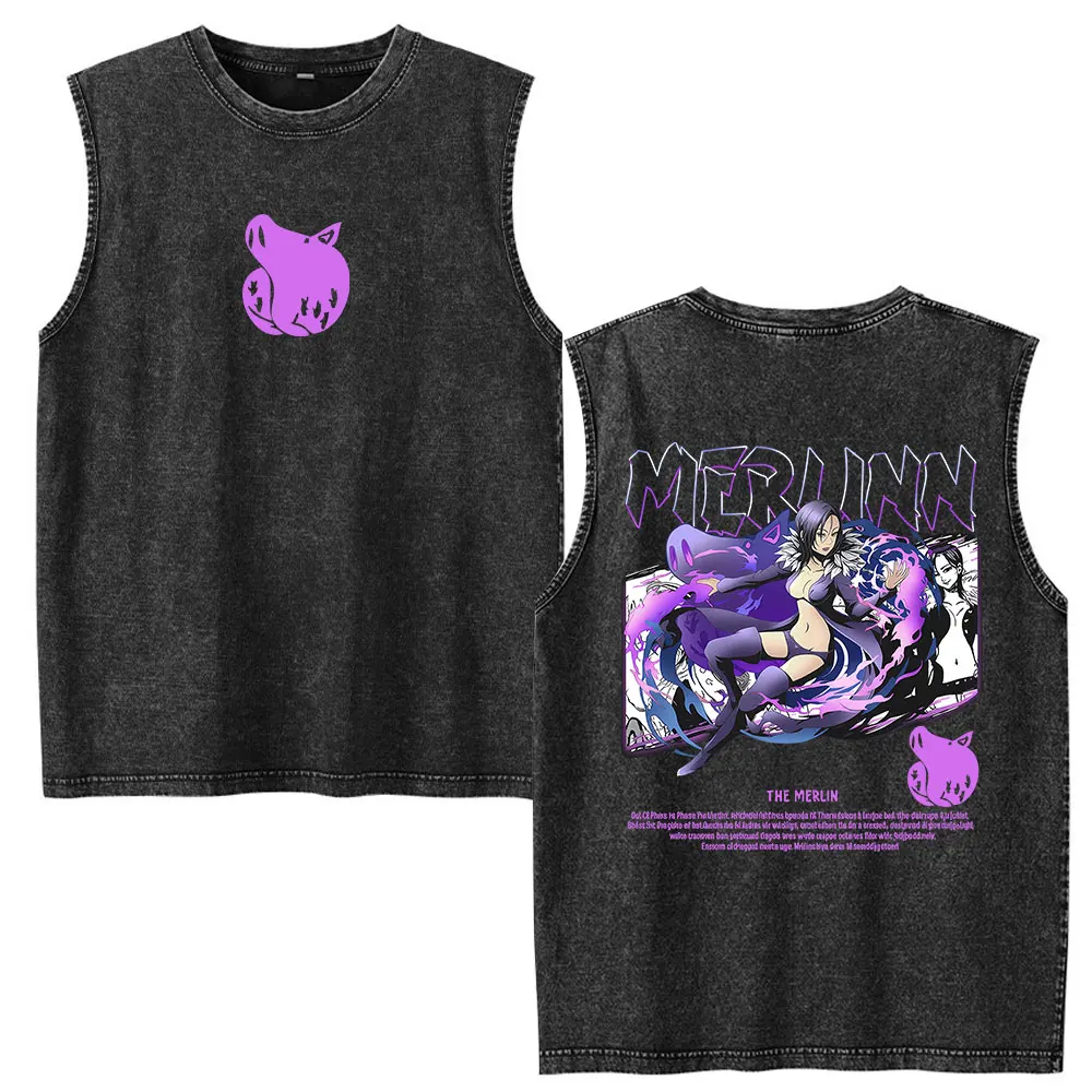 Anime The Seven Deadly Sins Merlin Vintage Washed Tank Tops T Shirts Men's Women Clothing Casual Cotton Sleeveless Vest T-shirts