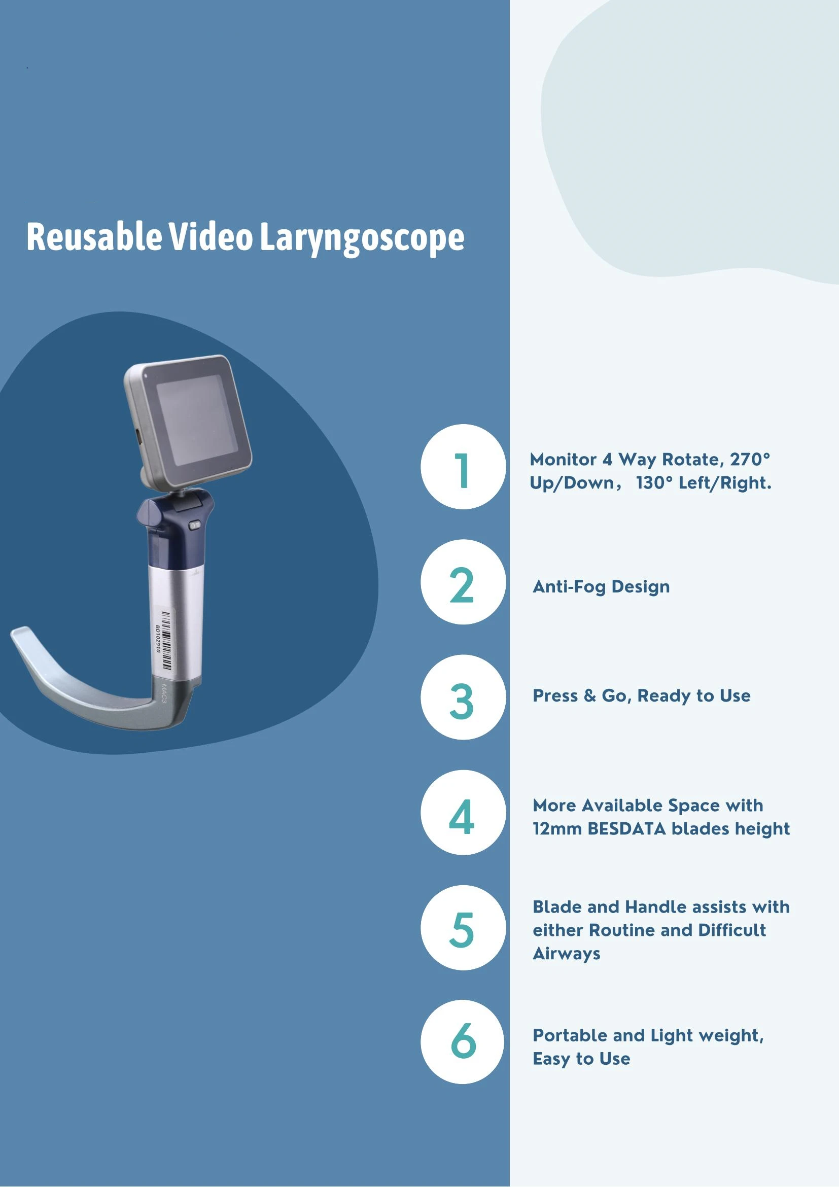 Besdata Reusable Laryngeal Electronic Video Laryngoscope Por Veterinary Instrument With Blade