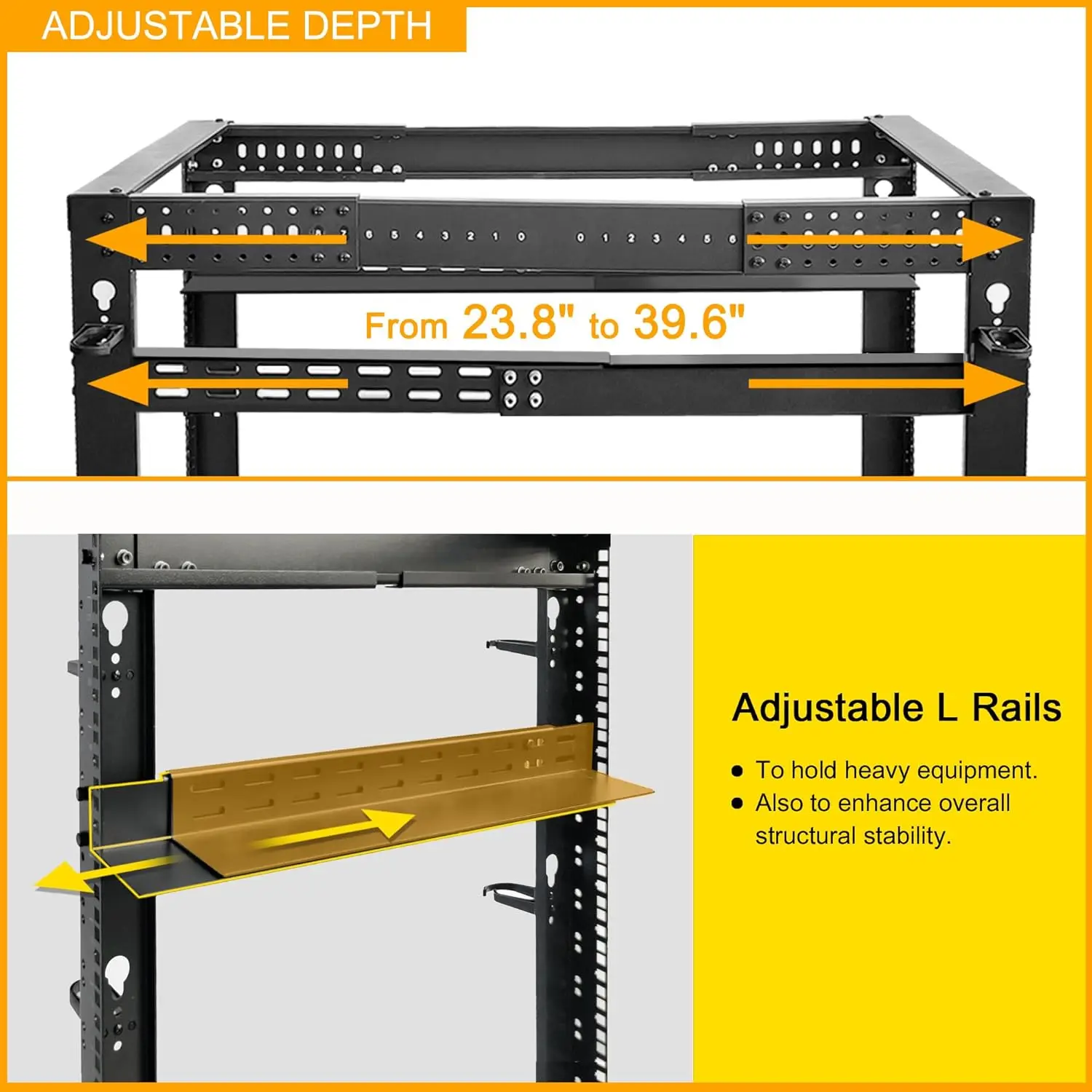 Rack serwerowy RIVECO 42U 19” z regulacją głębokości, nośność do 770 kg, stojący na podłodze, 4-słupkowy rack z szynami L i kółkami nośnymi.