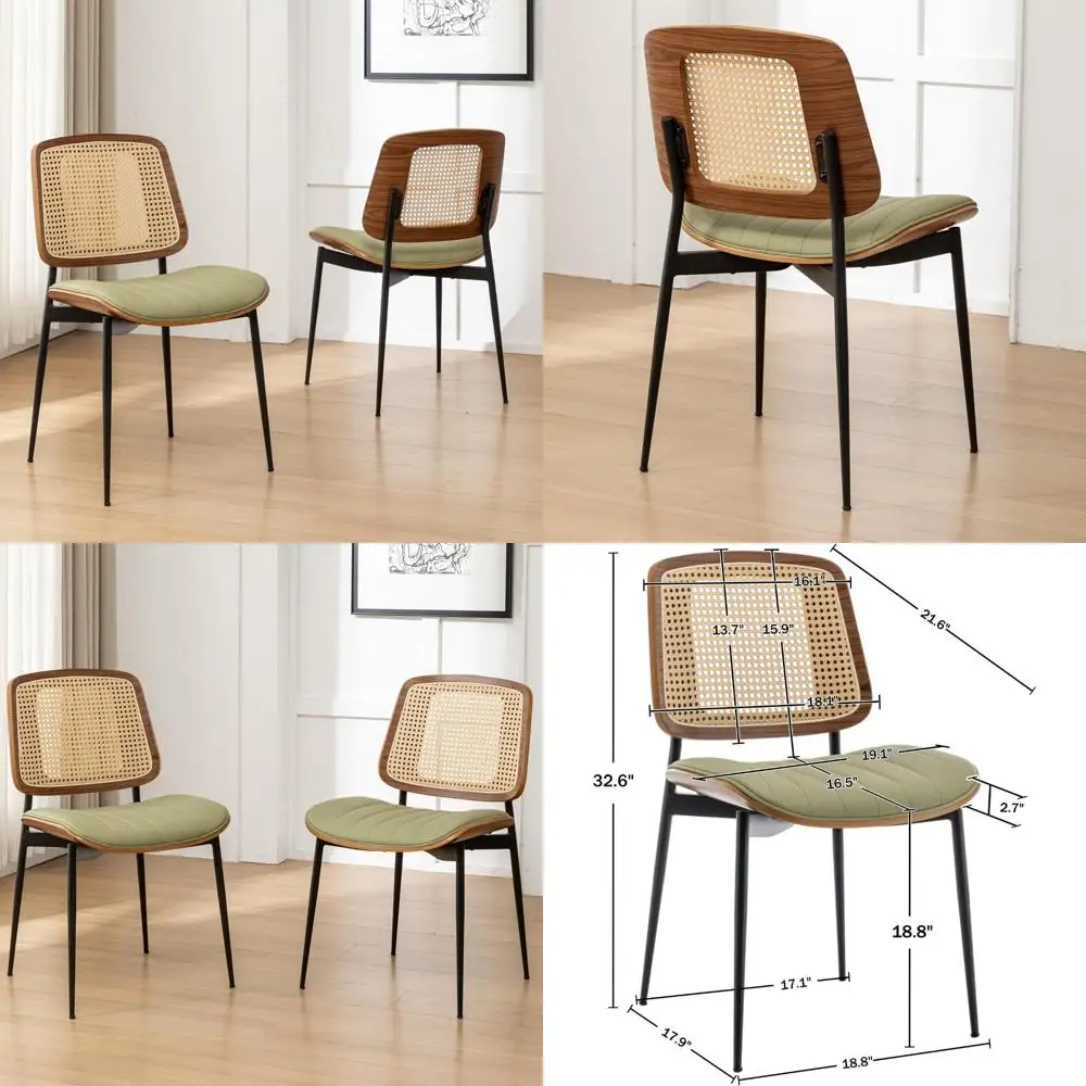 Mid Century Modern Rattan Dining Chairs Set: 4 Green PU Leather Upholstered, Metal Leg Kitchen Chairs with Adjustable Features