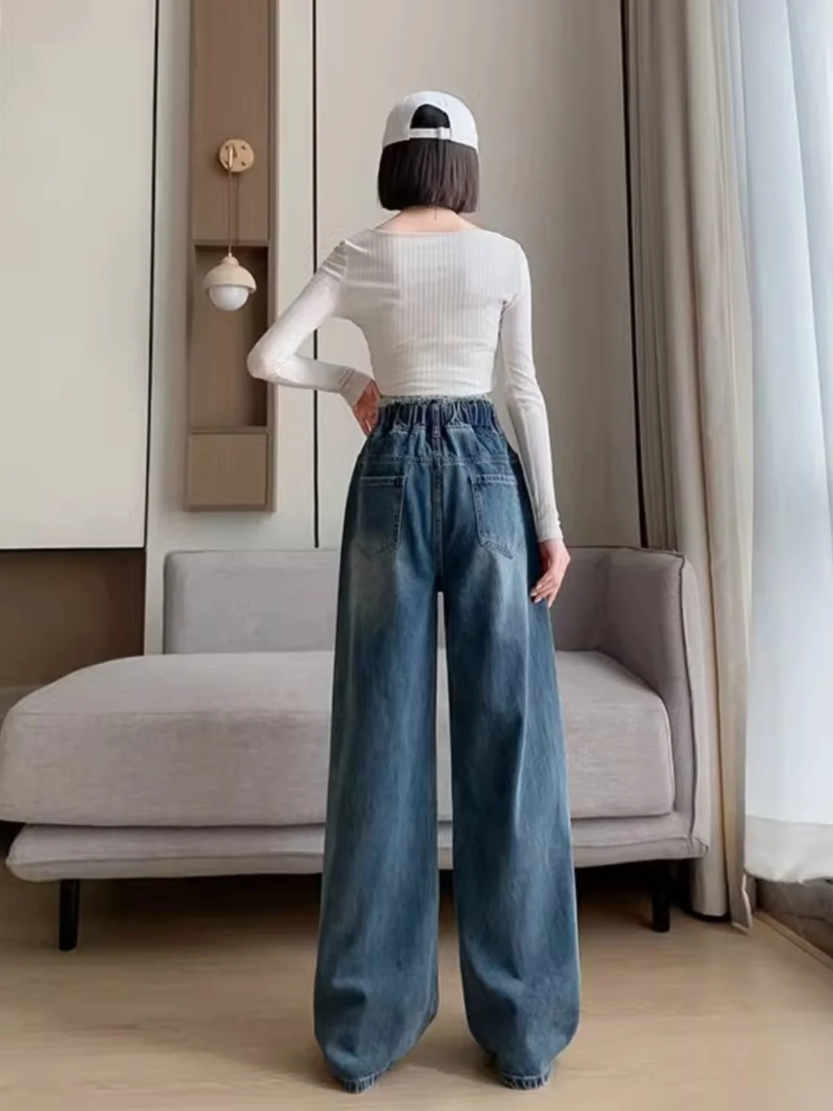 

Новые женские прямые джинсы с эластичной резинкой на талии, тонкая версия, свободные утягивающие широкие брюки, длинные брюки с высокой талией, всесезонные