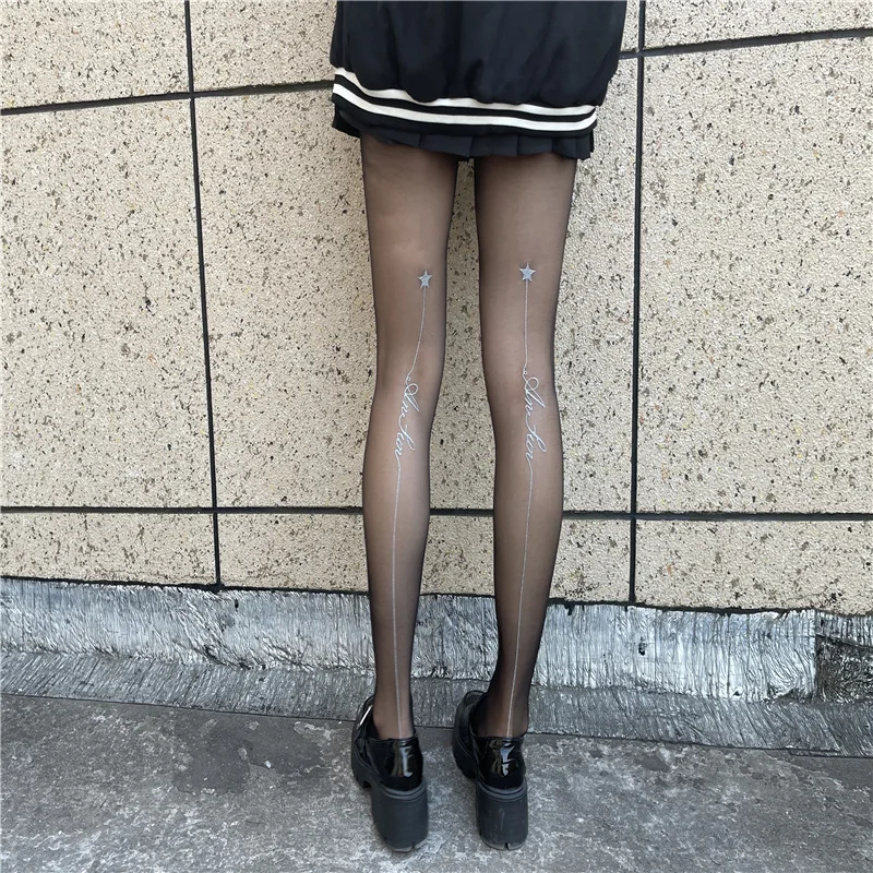 

Sexy Ultra Thin T Crotch Letter After Vertical Line Pantyhose Female Autumn Winter Thin Black Silk Stockings Prevent Hook Silk