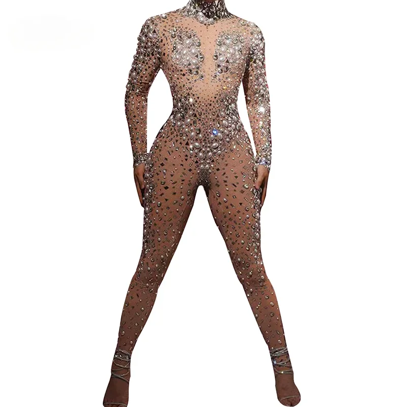

luxury sparkle long sleeve rhinestones pearl jumpsuit women sexy club party birthday performance Celebrate drag queen costumes