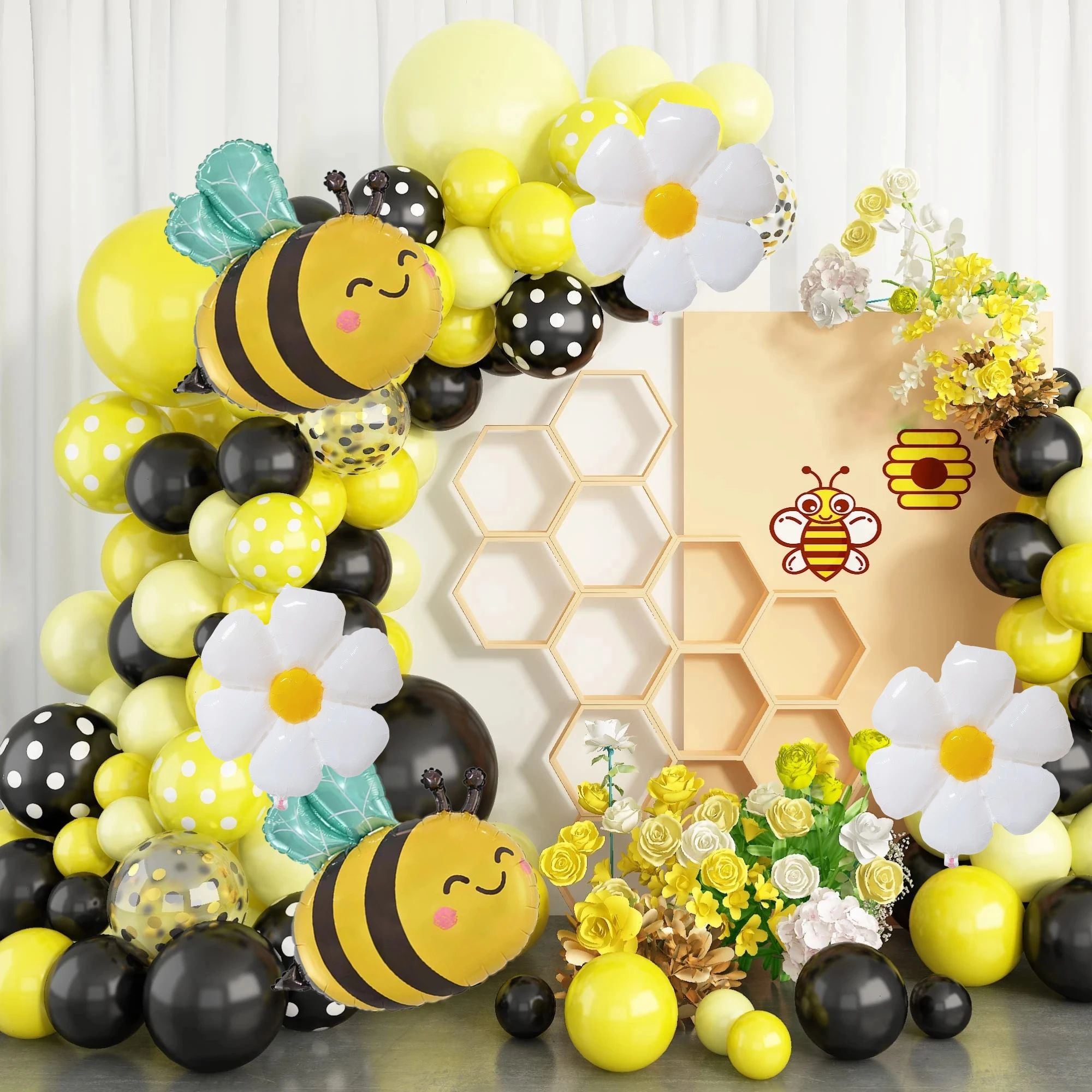 6 Pcs Bee Daisy 32 Inch Number Foil Balloon Set Kids 0-9 Years Old Birthday Anniversary Graduation Mother\'s Day Party Decoration