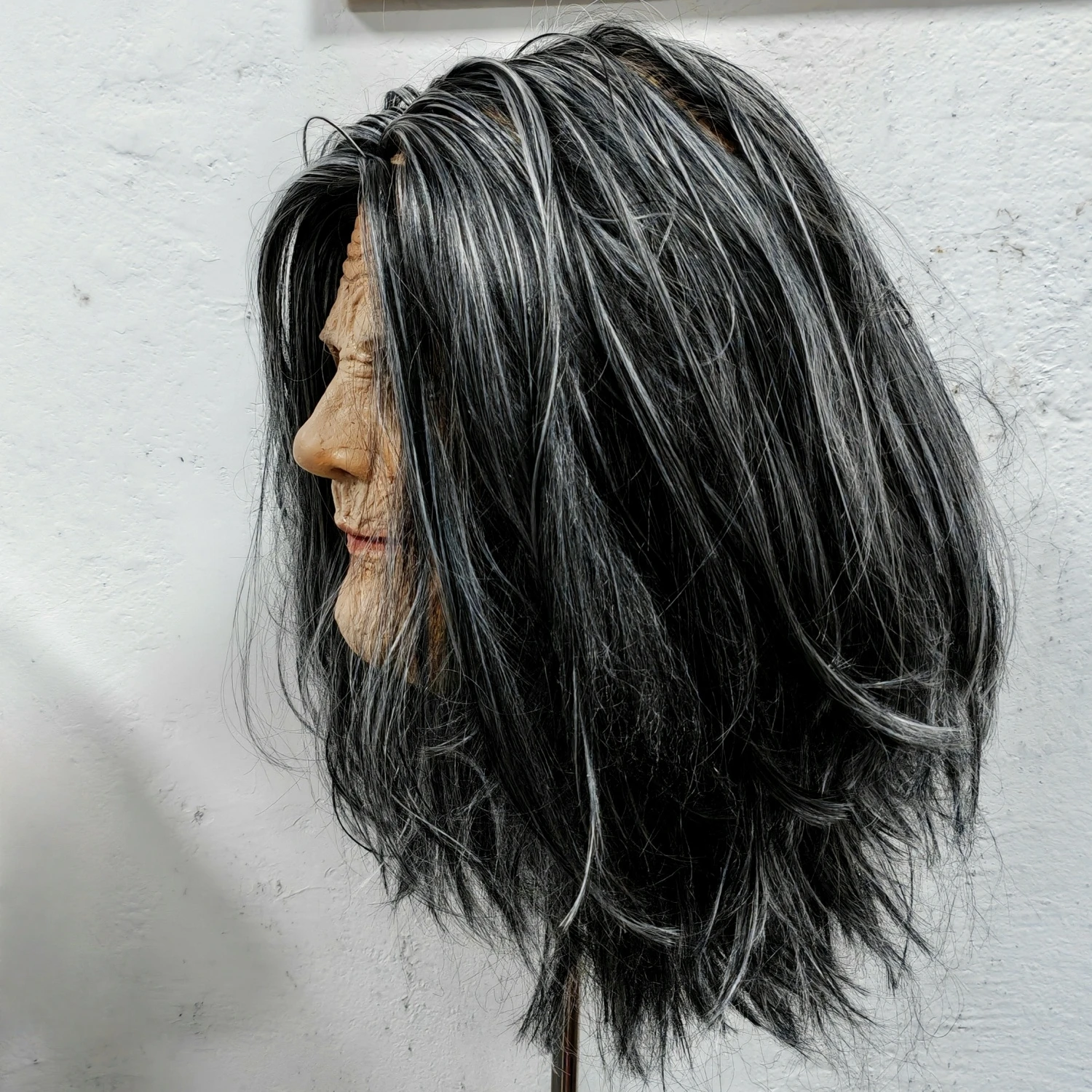 Perruque cousue grise pour adulte, avec masque facial en caoutchouc, accessoire de Costume de vieille grand-mère d'halloween pour fête Cosplay