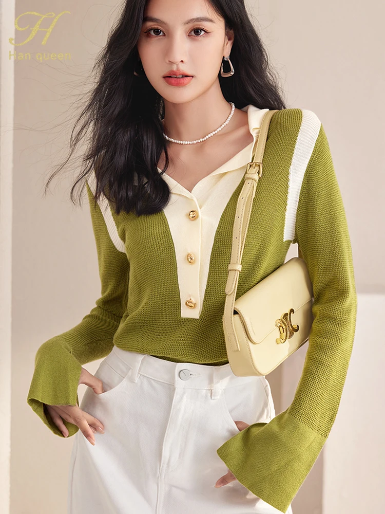 H Han Queen Autumn Tops Loose Color Blocking Chic Sweater Vintage Casual knitted Pullover Sweaters Fashion Women's Clothing 2024