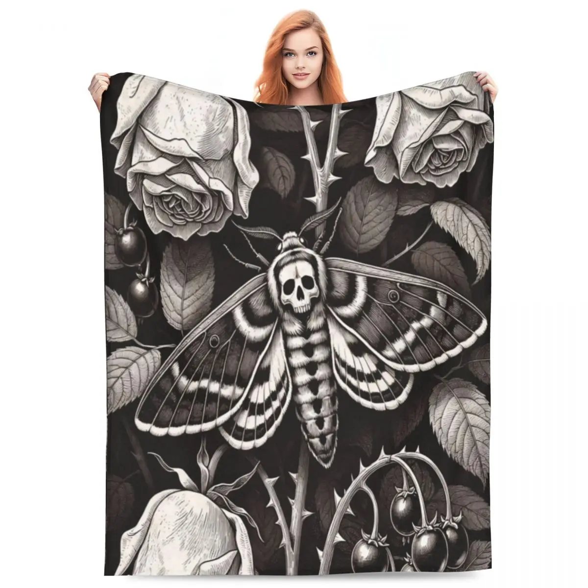 Gothic Skull Moth And Flower Design Blankets Flannel Sofa Throw Blanket Portable for Home Bedroom Outdoor Throws Bedspread Quilt
