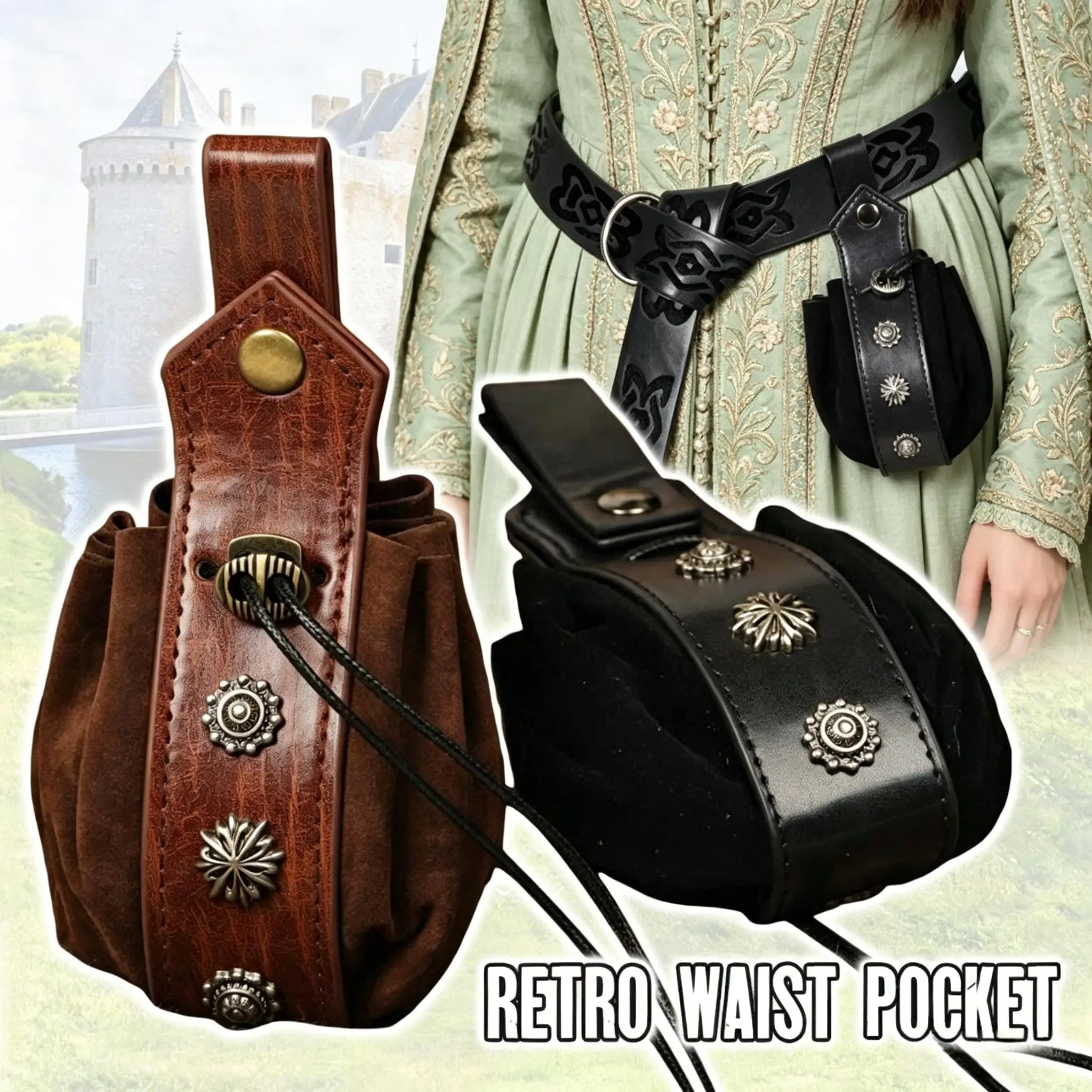 Medieval Vintage Exquisite Waist Bag Hanging Belt Purse Faux Leather Cosplay