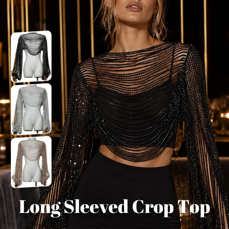 Women Black Rhinestone Mesh Shrug Long Fringe Long Sleeve Open Front Bolero Cover Up Party Club Performance Crop Outerwear