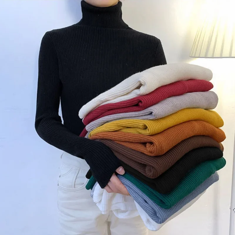 

Winter Women Turtleneck Sweaters Pullover Long Sleeve Slim Elastic Jumper Korean Simple Basic Cheap Jumper Solid Color Top