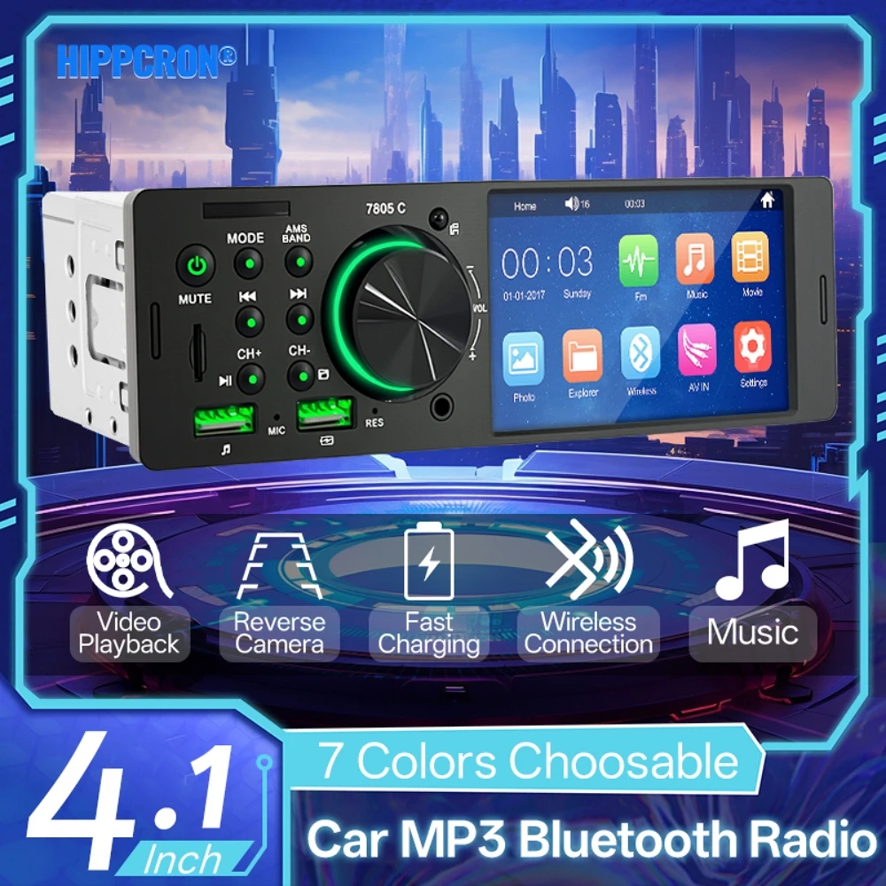 

Hippcron Автомобильный 1DIN Радио 4,1-дюймовый сенсорный экран Bluetooth Стерео MP5-плеер FM-приемник с красочным светом Пульт дистанционного управления USB/TF