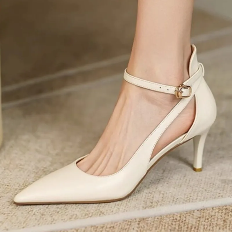 

2025 Women's Summer New Casual Baotou Retro Sandals Women French Sexy Pointed Leather Women Buckle Stiletto High Heels 34-40