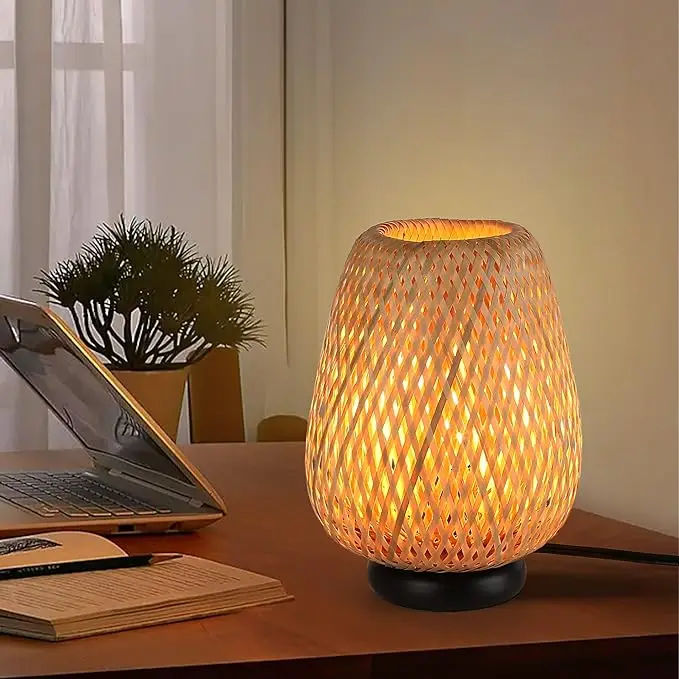 ALPINALUZ Wicker bamboo table lamp: Living room contemporary ambient light, Cable switch plug-in for bedroom and living room