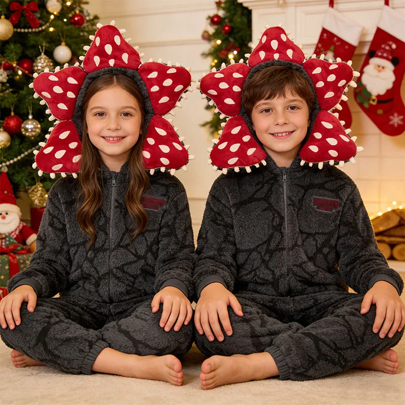 Demogorgon Plant Fluffy Jumpsuit Children Family Matching Soft Warm Pajama Sets for Kid Adult Cosplay Masquerade Party Outfits view 3