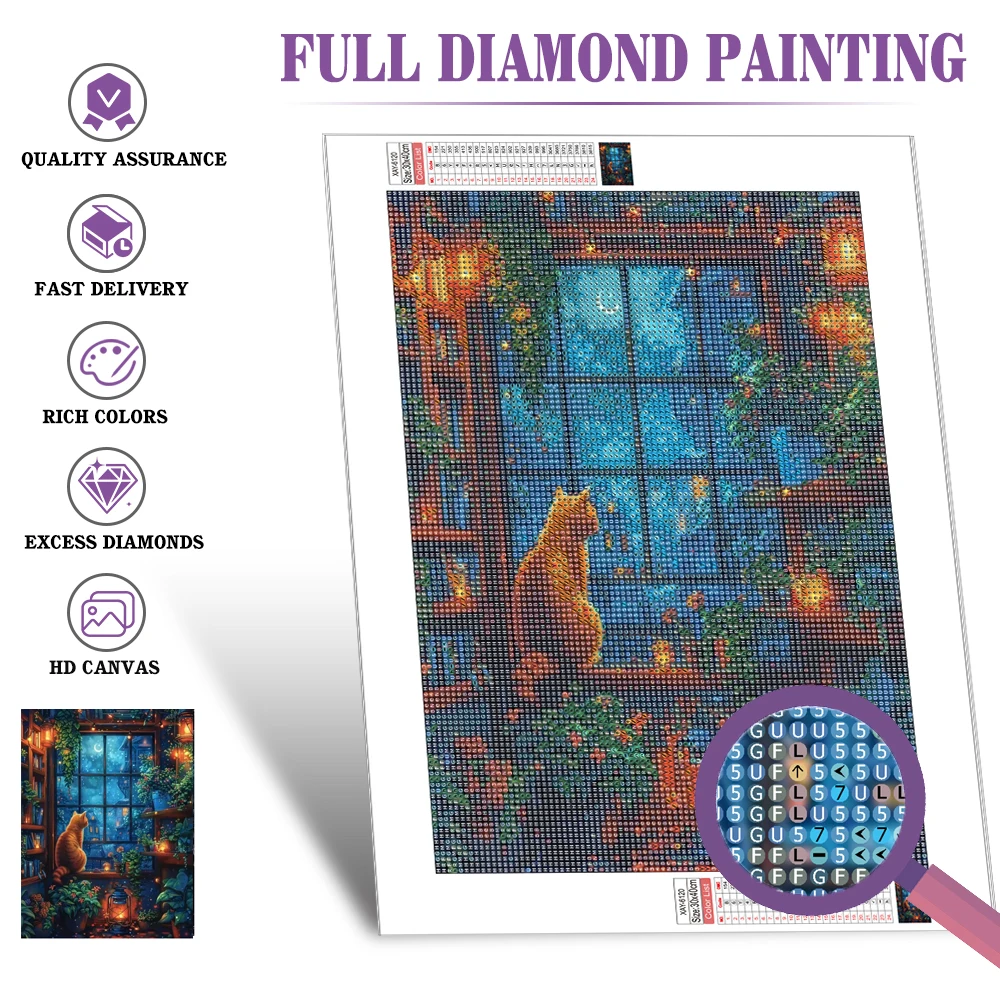 Huacan Diy Diamond Painting Animal Cat Rhinestones Full Diamond Mosaic Landscape Window Home Decor Handmade Hobby