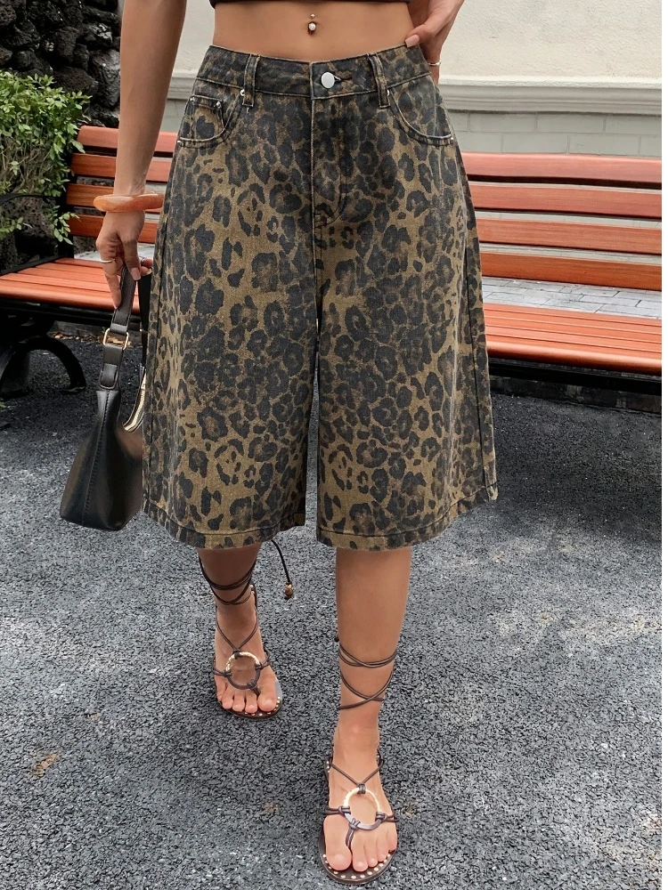 Shorts Bermuda Jeans Feminino Vintage com Estampa de Leopardo, Cintura Alta, Perna Larga Solta, Casual de Verão, Streetwear, Moda Diária