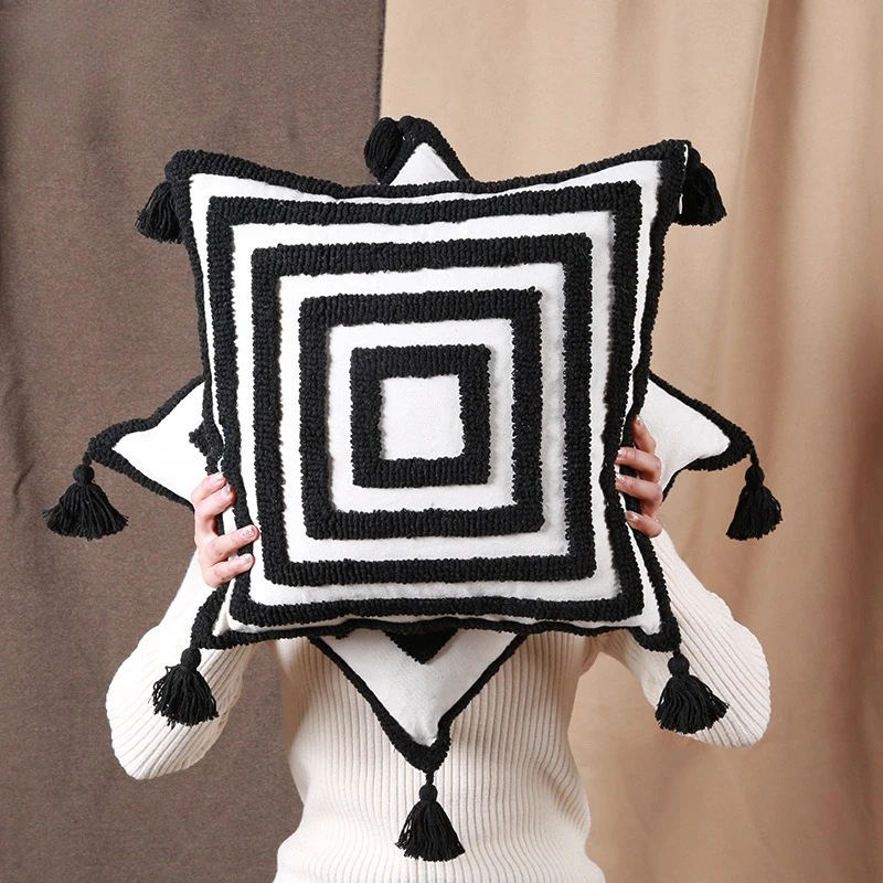 

Тафтинговая наволочка, современные геометрические полосы, черная вышивка, кисточки, квадратная подушка для дивана, гостиной