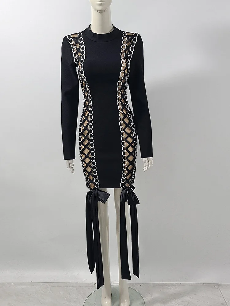 여성 체인 트림 메쉬 컷아웃 터틀넥 긴팔 리본 사이드 숏 블랙 드레스 럭셔리 이브닝 파티 클럽 웨딩 게스트 드레스